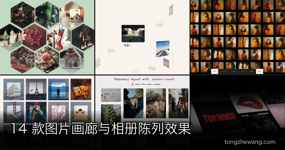 14 款图片画廊与相册陈列效果：瀑布流、蜂巢网格、灯箱放大与可拖拽画布