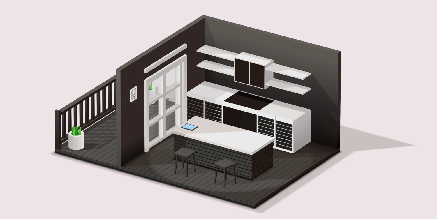 纯 CSS 实现的 3D 厨房场景立体设计效果图,支持360度拖拽旋转预览