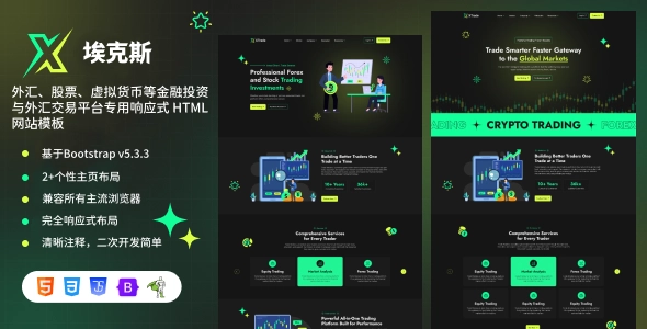 外汇、股票、虚拟货币等金融投资与外汇交易平台专用响应式 HTML 网站模板