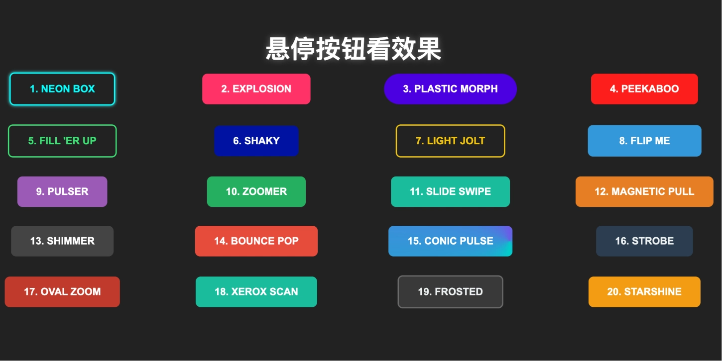 基于纯 CSS 实现的包含20种炫酷风格的悬浮特效按钮源码
