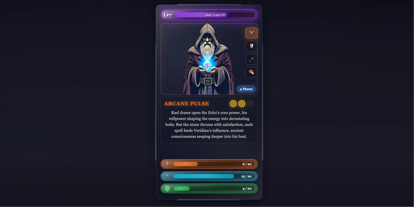 3D翻转式霓虹玻璃质感RPG游戏角色卡：一张卡片，两种世界