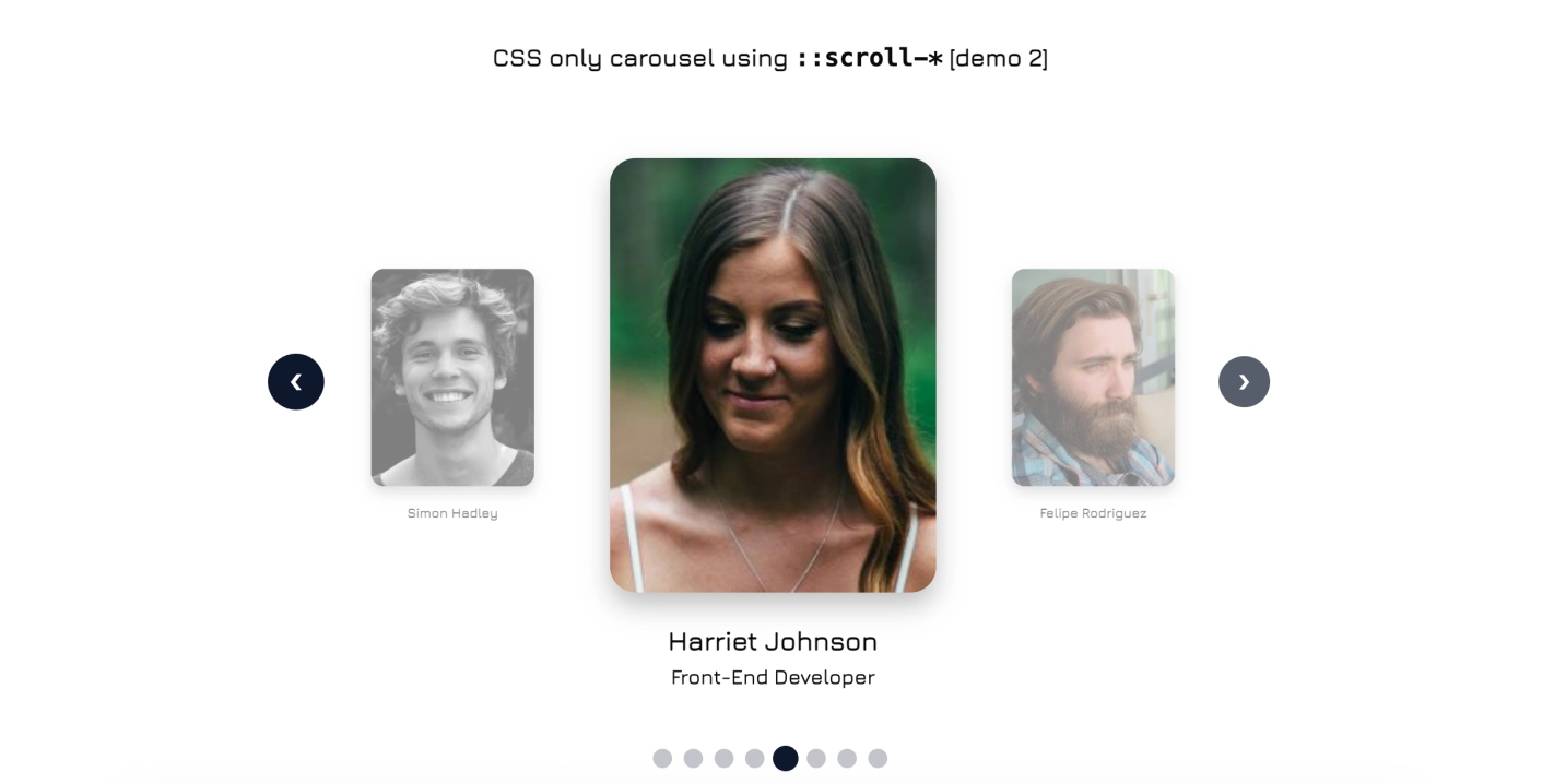 纯 CSS 滚动式图文卡片轮播组件，带左右与底部指示点联动导航按钮