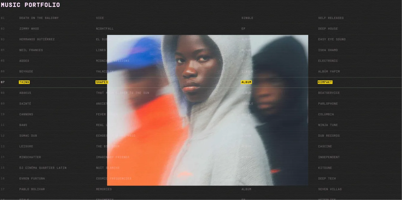 支持响应式布局的 GSAP 音乐作品集交互式列表（带图片悬浮 + 闲置动画），