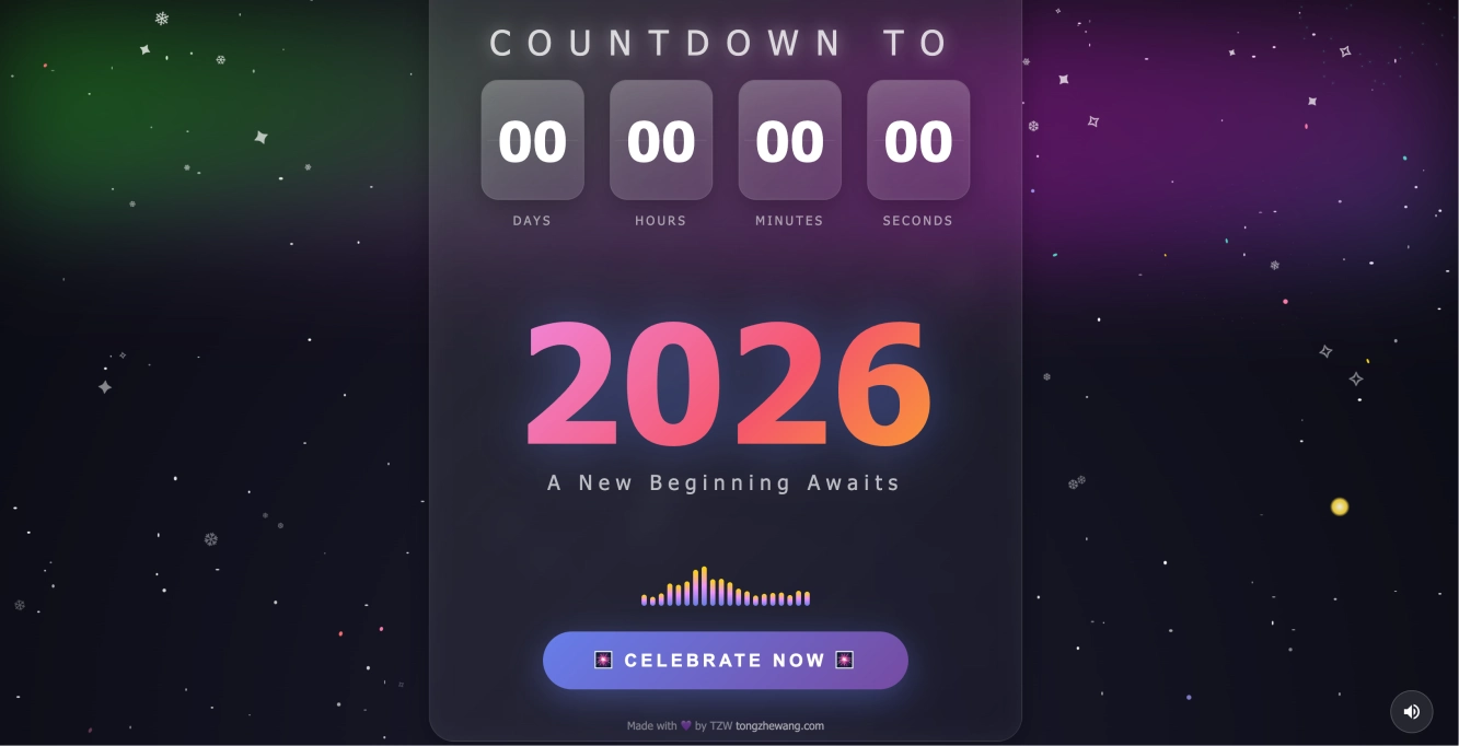 纯原生 JS+CSS 开发的电影级跨年庆典沉浸式交互视觉 HTML 源码