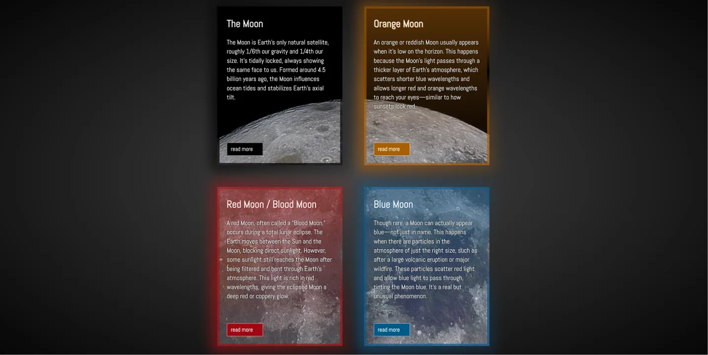 月相科普卡片 - CSS玻璃态分割式发光图文卡片展示效果