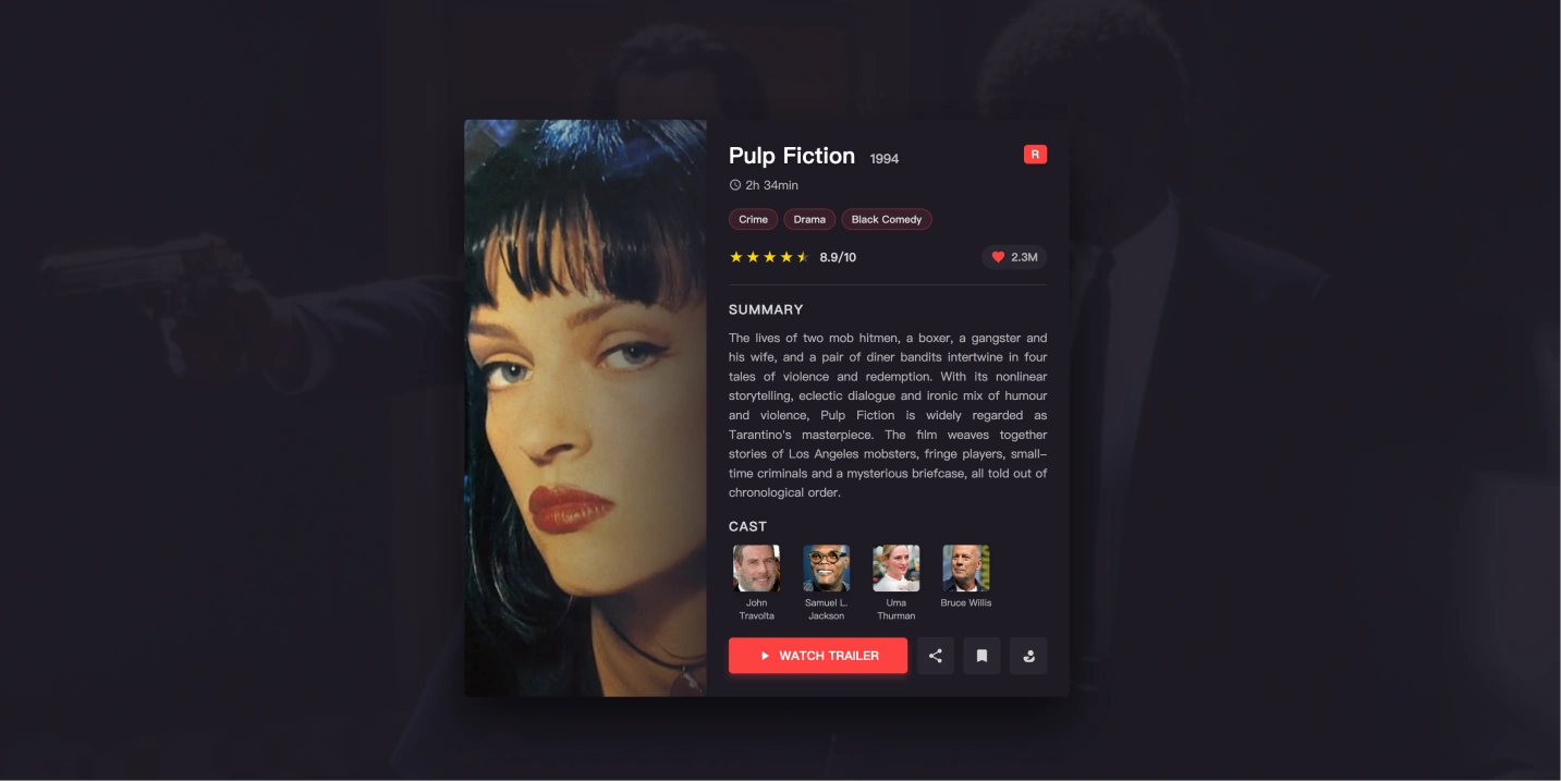 纯 CSS 电影详情信息卡片界面，适用于影视类网站、视频平台、电影评分应用等需要展示媒体内容详情的场景