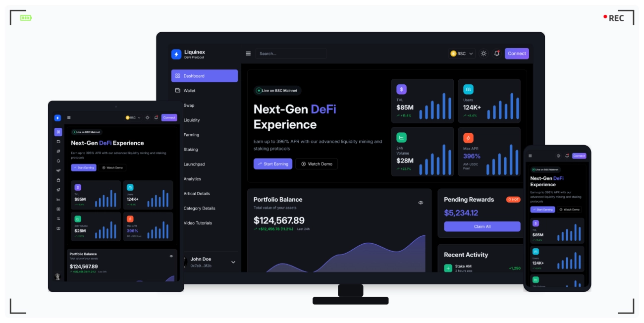 去中心化金融 DeFi 仪表盘 HTML 响应式网站模板 - 专业 AMM 自动做市商流动性池交易平台前端模板
