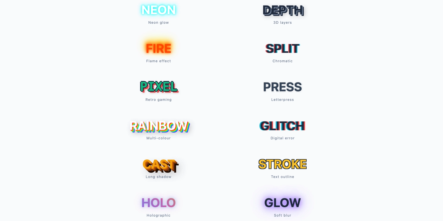 12 种 CSS 文字阴影特效集合，其中包含「火焰灼烧」、「故障艺术」两种动态文字
