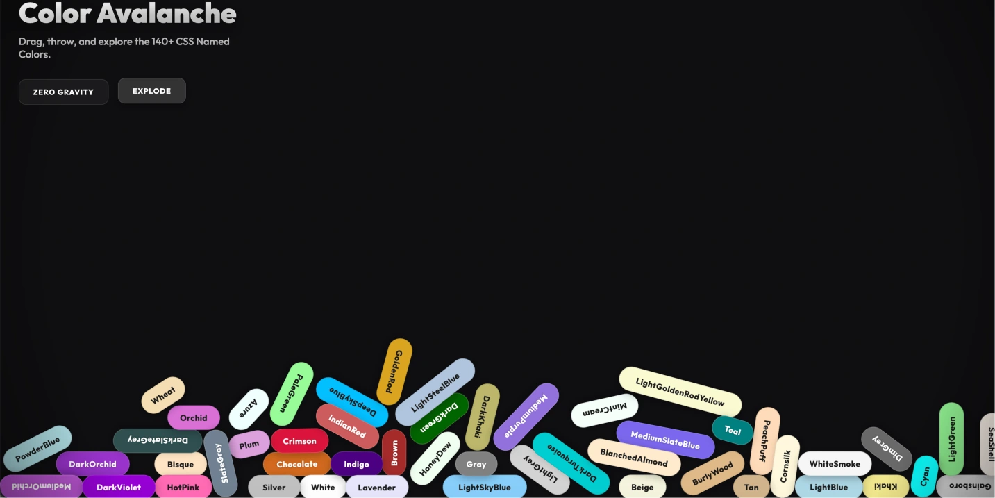 CSS 颜色雪崩：140+个命名颜色的胶囊标签，支持真实重力、碰撞和堆叠效果！