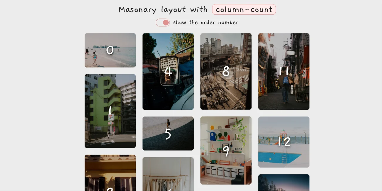 完全支持响应式的瀑布流布局效果，仅用 CSS 的 column-count 属性实现