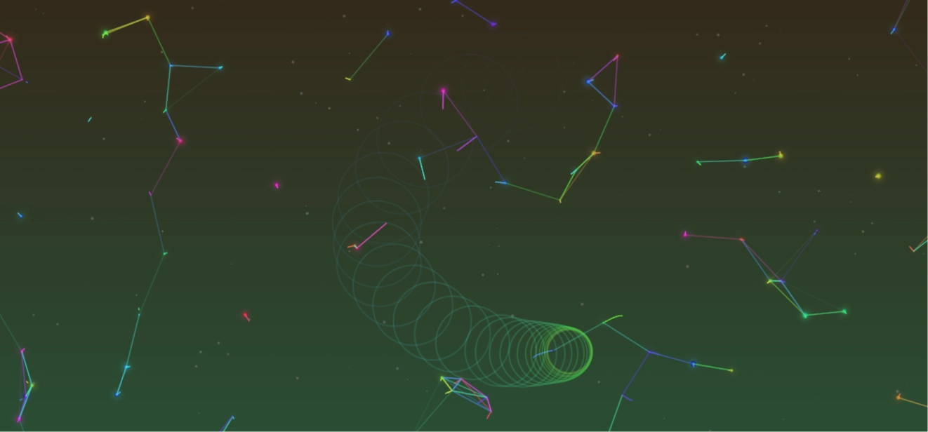 Canvas 彩色磁力粒子星空背景，鼠标驱动的动态粒子交互系统