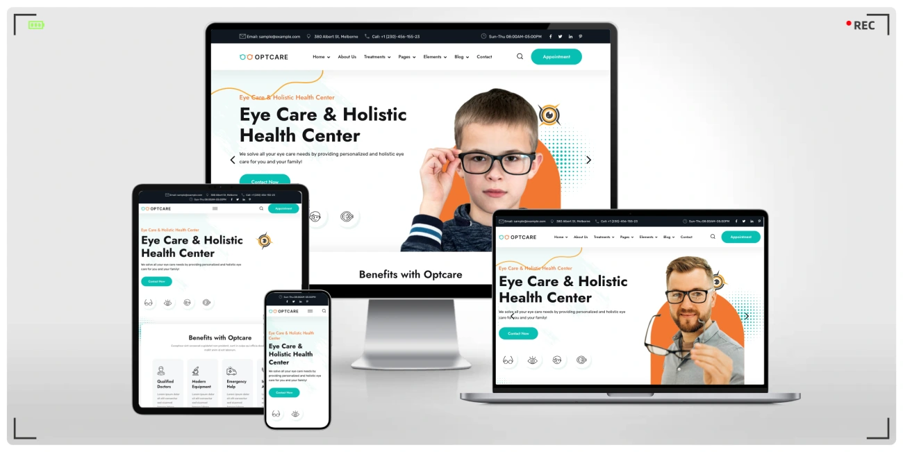 眼科门诊与视力矫正机构专用 HTML 模板，Bootstrap 5 响应式设计，含3套首页风格