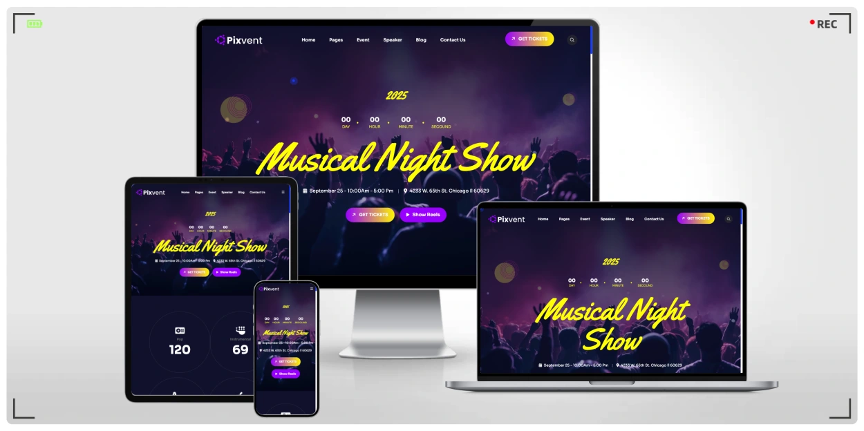 活动会议网站HTML响应式网站模板，5套首页风格，适合演讲峰会、音乐演出、行业展览等多类活动场景建站