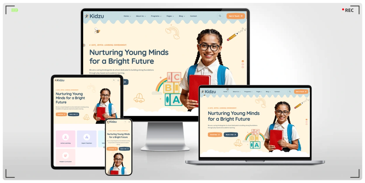 幼儿园学校网站 HTML5 响应式模板，适用于幼儿教育、托育机构与儿童相关项目的专业建站模板