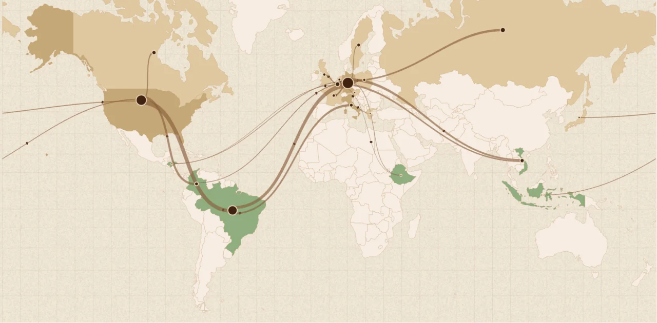 可交互全球咖啡供应链桑基地图 地球平面双模式数据可视化图表