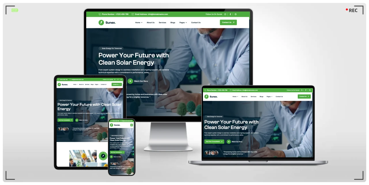 太阳能与可再生能源企业网站 HTML 响应式模板，适用于光伏安装公司、绿色能源服务商与可持续科技企业的专业建站方案