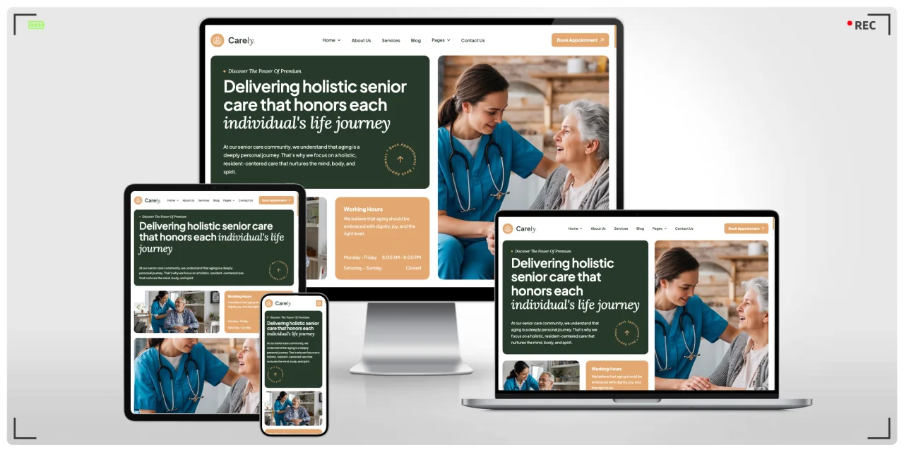 养老护理中心网站HTML响应式模板 — 适用于养老院、护理机构与居家照护服务的专业建站方案