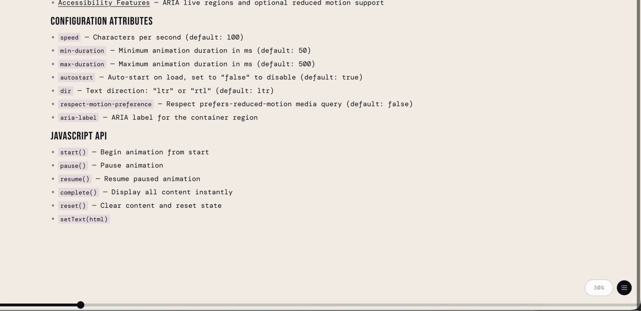 原生 JS 逐字打字机动画 Web 组件，带进度控制与 HTML 全支持
