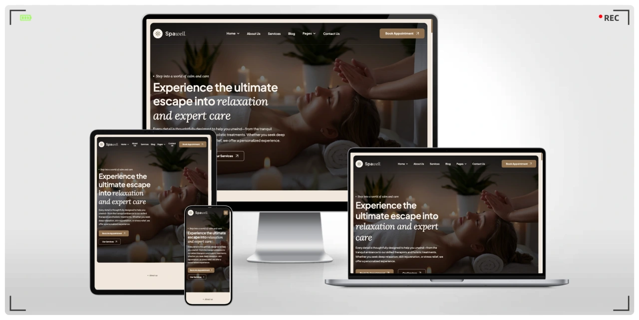 SPA 水疗养生中心网站 HTML 响应式模板，适用于按摩足疗、美容沙龙与瑜伽冥想的专业建站方案