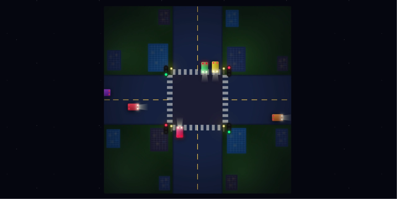 CSS+JS 十字路口对向车流按照红绿灯指示正常行驶动画，夜晚交通路口循环动效 HTML 组件