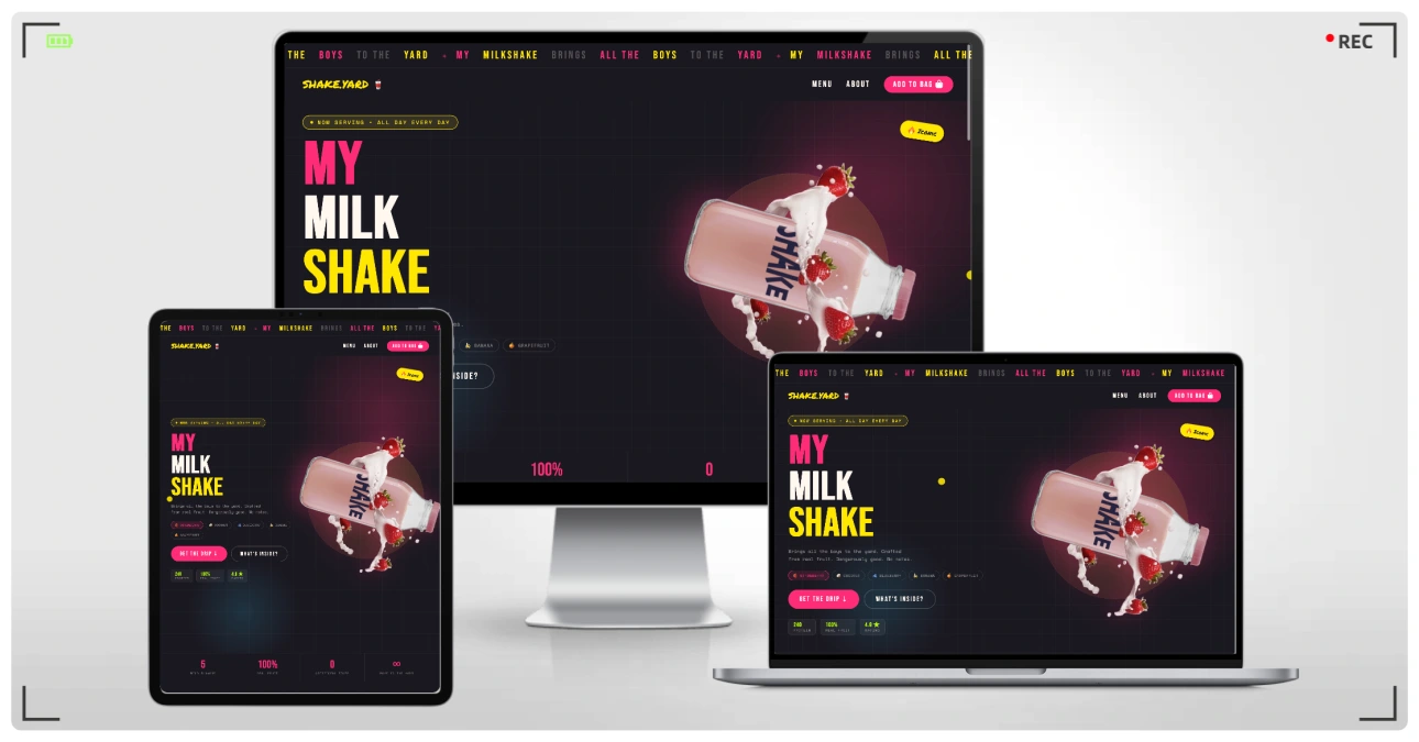 纯前端奶昔品牌创意高级感 HTML 响应式着陆页，带丰富动态交互效果