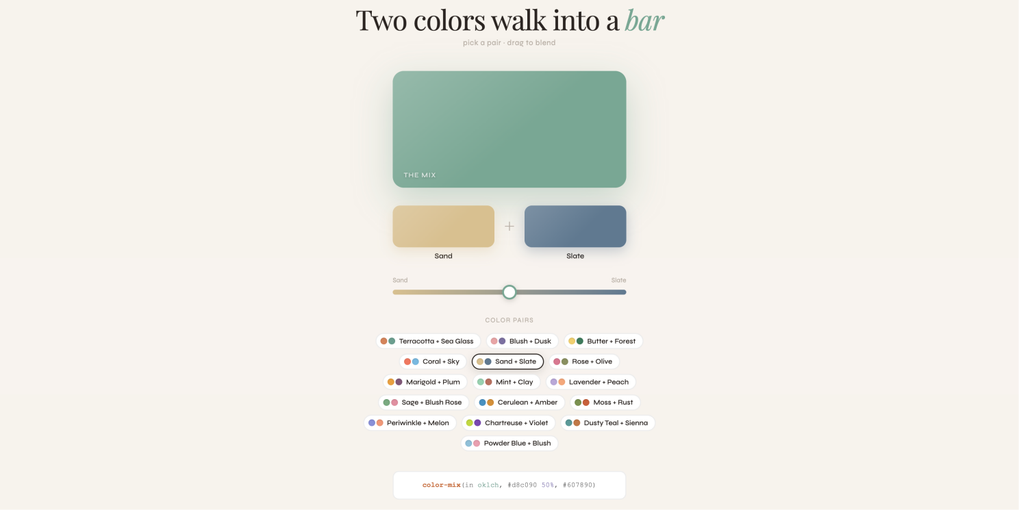 CSS color-mix() 与 OKLCH 色彩空间交互式混色调色盘