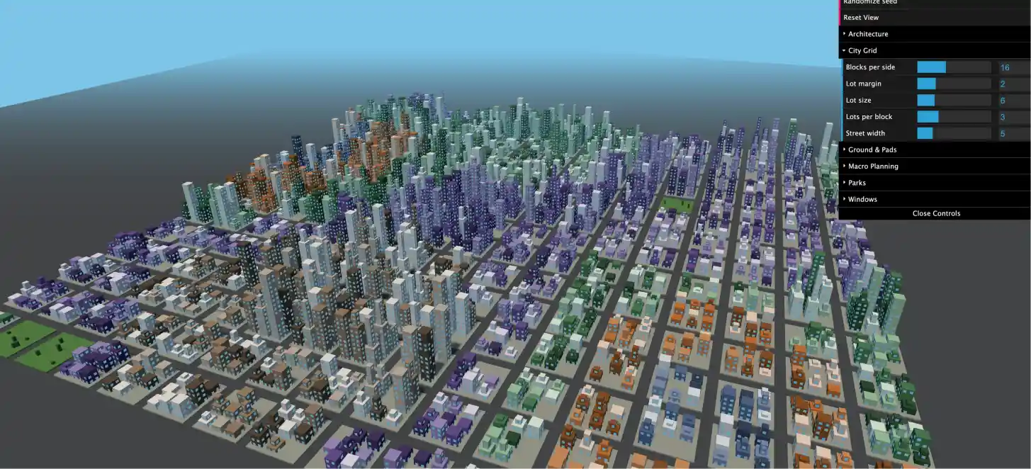 Three.js 体素城市生成器 — 参数随调随变，带 24 小时光影和夜间亮灯