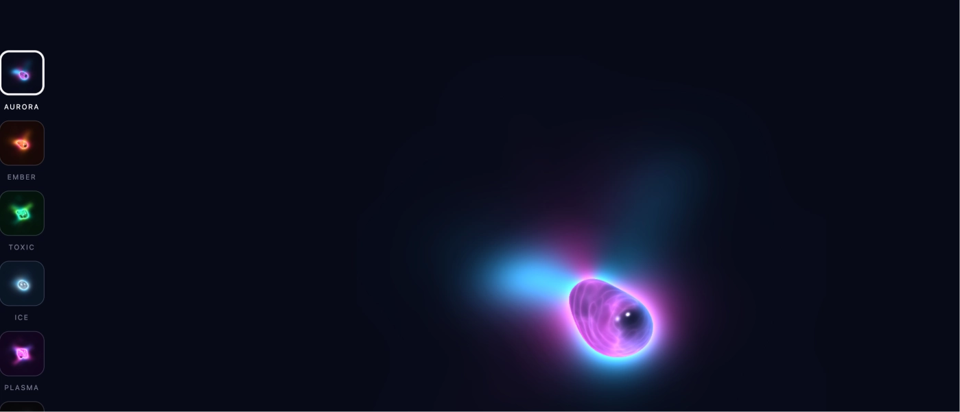WebGL 流体光球着色器特效 — 七套预设配色，参数实时可调的液态发光球