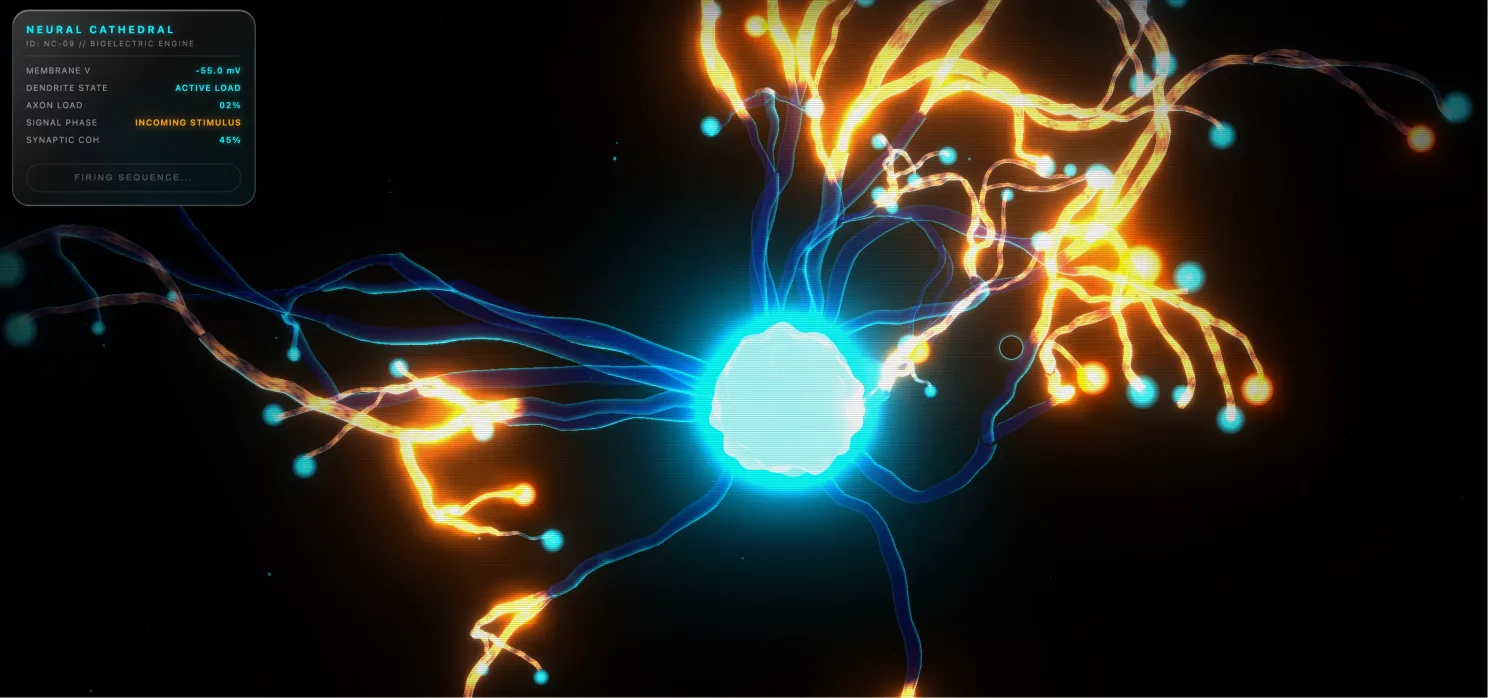 Three.js 生物电神经网络特效 — 点击触发脉冲传导，带实时 HUD 数据面板