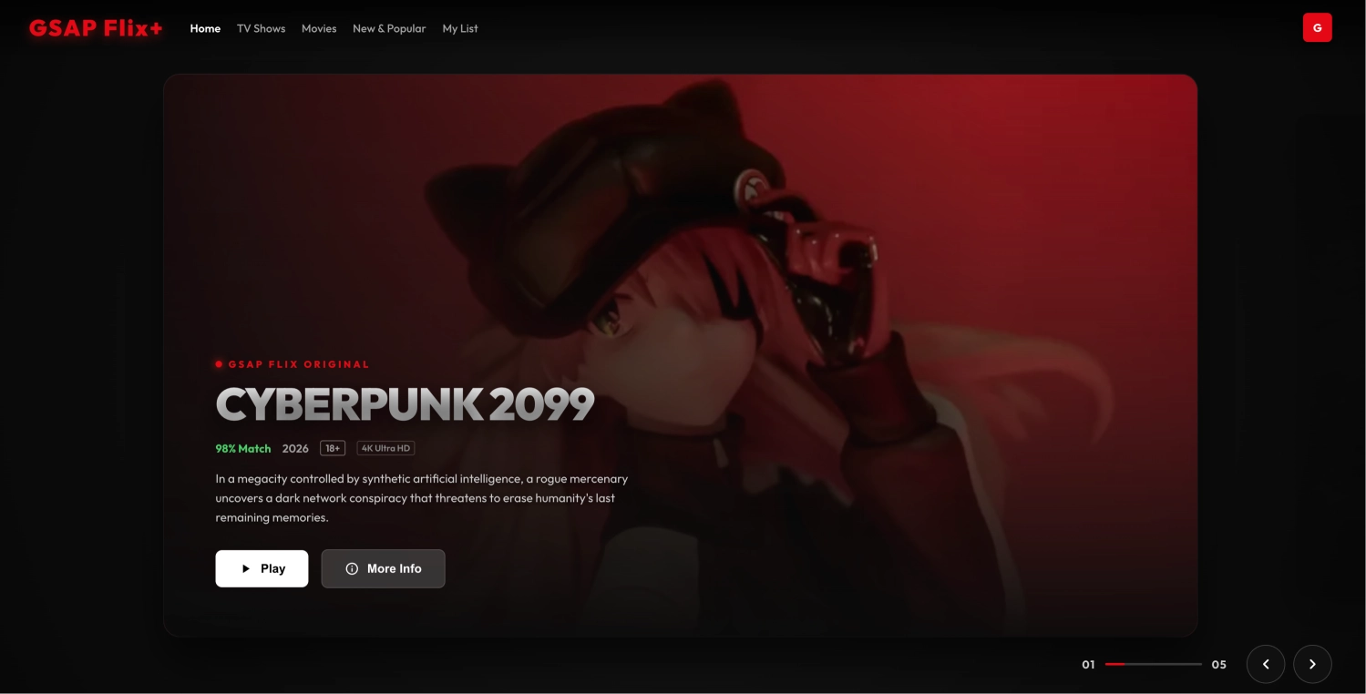 GSAP 流媒体首页轮播特效 — 仿 Netflix 拖拽切换，无限循环带视差