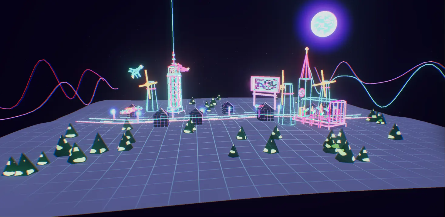Three.js 低多边形赛博朋克村落 — 霓虹辉光夜景，五项参数实时可调