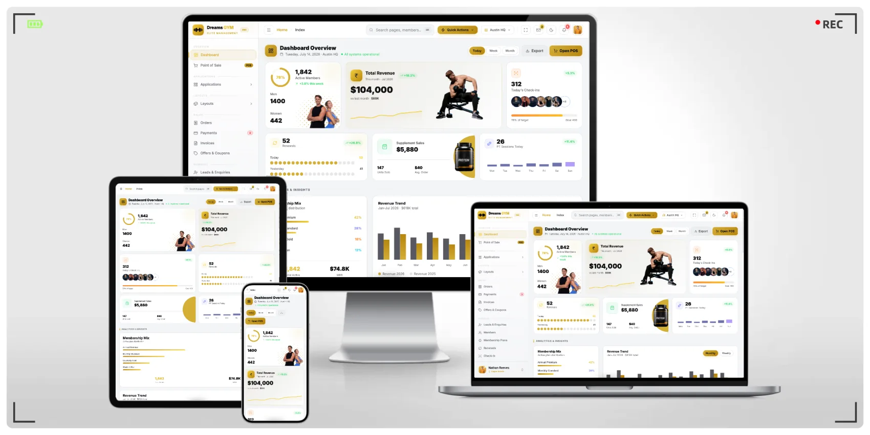 健身房会员与私教运营 Tailwind CSS 后台管理模板，含 POS 收银、会籍续费与体测记录