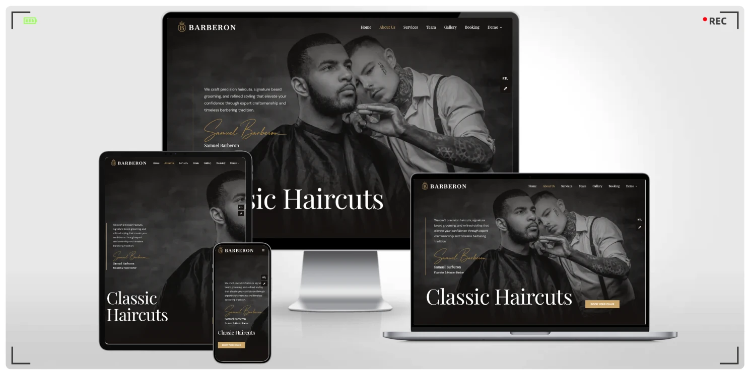 暗色调单页式理发与男士造型 HTML 建站模板，四种首屏形态搭配独立预约页