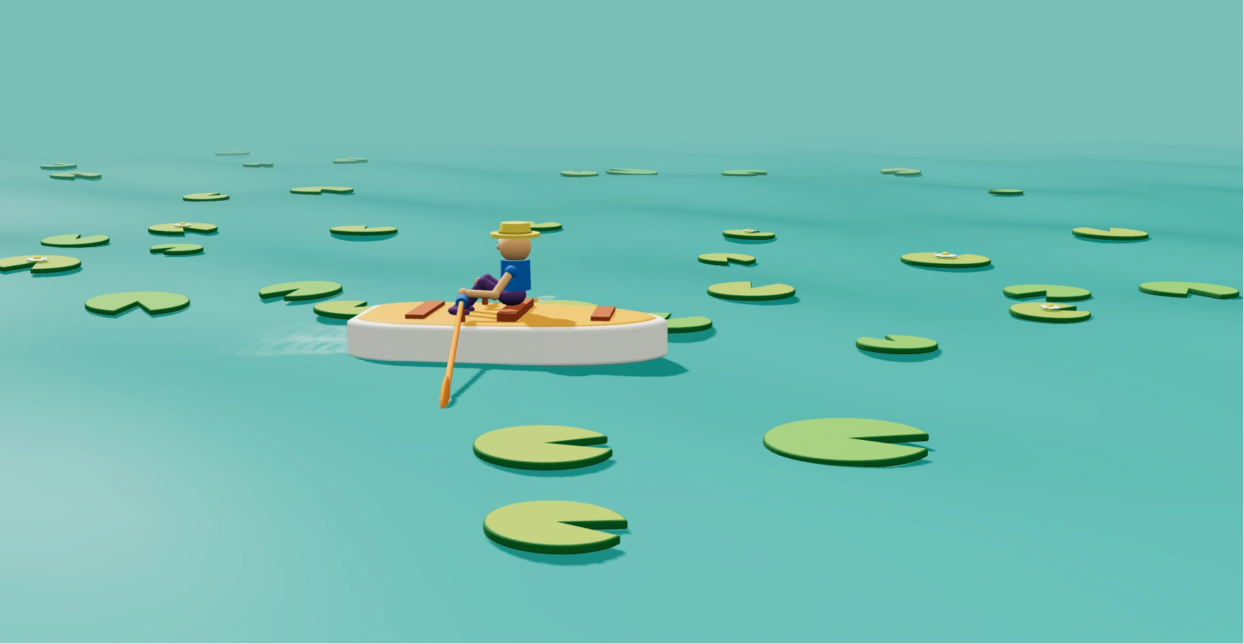 Three.js 3D 划船特效｜湖面水波与人物划桨场景源码